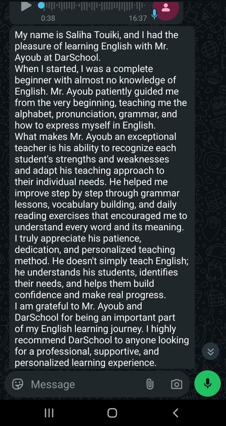 WhatsApp message from DarSchool learner Saliha Touiki describing her English learning experience